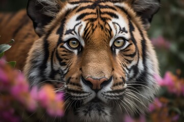 Beautiful tiger face,adult tiger face surrounded by flowers