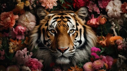 Beautiful tiger face,adult tiger face surrounded by flowers - obrazy, fototapety, plakaty