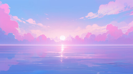 Clouds and seascape illustration in beautiful purple and pink tones. Sunrise in ocean, nature landscape background.