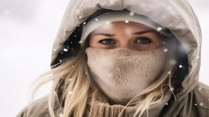 caucasian young adult woman ,blonde 20s, snowstorm and winter clothes, freezing cold
