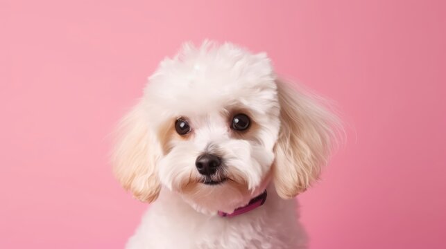 Cute maltipoo dog on pink background space for text,copy space 