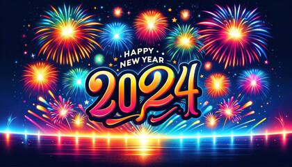 Greeting card Happy New Year 2024. Beautiful, Colorful Festive firework background. Generative AI