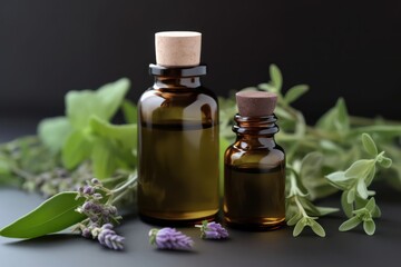 Obraz na płótnie Canvas Herb essential oil aroma bootle and leaf