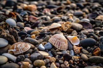 Fototapeta na wymiar Sea shells and rocks on the beach