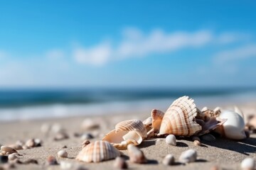 Shells on sandy beach with blue sky view background