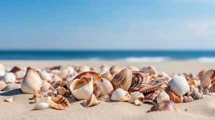 Fototapeta na wymiar Shells on sandy beach with blue sky view background