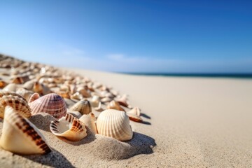 Fototapeta na wymiar Shells on sandy beach with blue sky view background