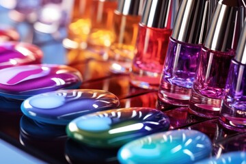Close-up of colorful nail polish bottles on a mirror surface - obrazy, fototapety, plakaty