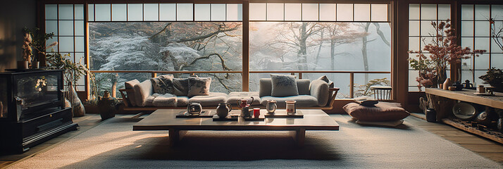 Luxurious living room with a blend of Japanese and Western style