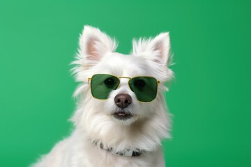 White dog wearing green sunglasses isolated on green background