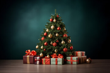 Fototapeta na wymiar Christmas decorared tree and gifts on green background