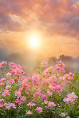 Sunshine bathes vibrant flowers in a warm, golden glow, creating a serene and uplifting atmosphere