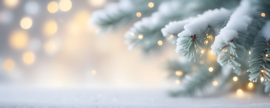 Snowy background with fir branches and garland lights to showcase product and design. New Year and Christmas concept.
