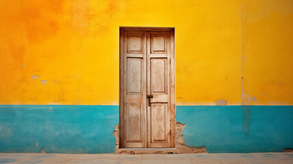 Old wooden door on a yellow, blue painted wall with copy space for text