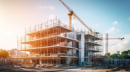 Construction background: A Construction site of large residential commercial building, some already built, large metal structure with bright sky background.