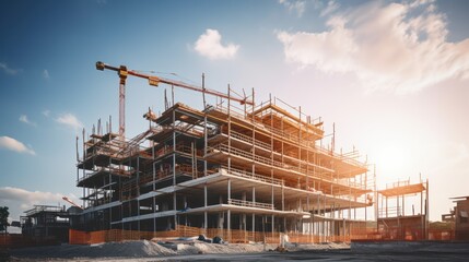 Construction background: A Construction site of large residential commercial building, some already built, large metal structure with bright sky background.