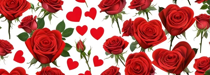 red roses with hearts on white background