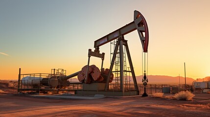 A Oil drilling machine in the desert, Industry, energy industry, gas station at sunset.