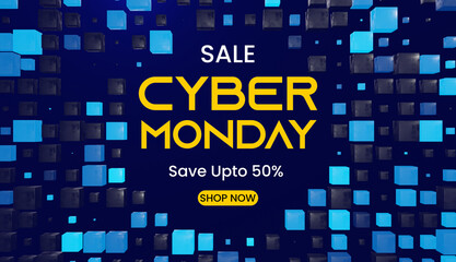 cyber Monday long banner. Super sale at the end of season. Special offer concept illustration, black and blue boxes