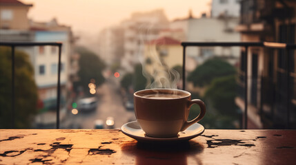 close-up of a steaming cup of coffee on a balcony overlooking the awakening streets at morning sunrise.
