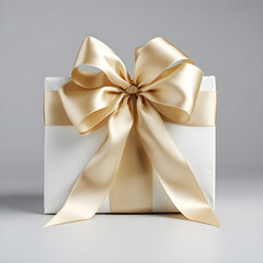  a white gift with ribbon and a large ribbon bow in matte coarse woven fabric in gold color