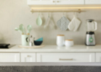 Empty grey table in kitchen, space for design