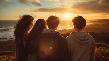 Three Teens Gazing at Sunset from the Hilltop