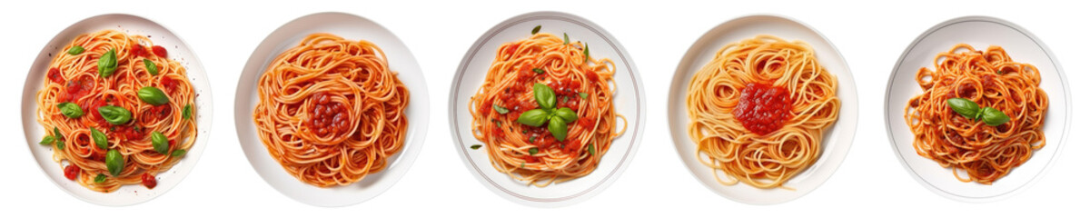 Spaghetti with sauce in a white plates isolated on transparent background, top view - obrazy, fototapety, plakaty