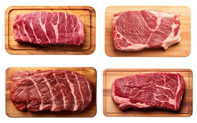Pieces of beef on cutting boards isolated on transparent background, top view
