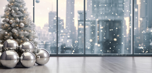 Spacious office space with panoramic windows, Christmas tree and Christmas baubles. Place for text