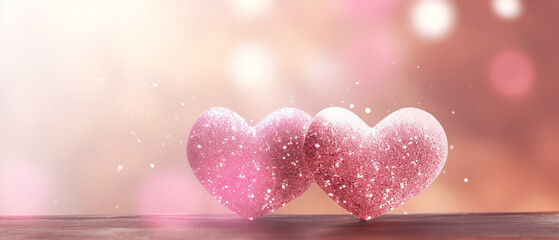 Two pink hearts with glitter texture on pink background   Heart shaped bokeh   Valentine's day concept decorations   Lovers' day   Concept of love  © Charith Jeewantha