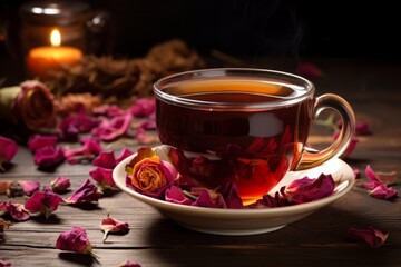A Steaming Cup of Black Tea with Rose Petals on an Antique Wooden Table Bathed in Soft Sunlight