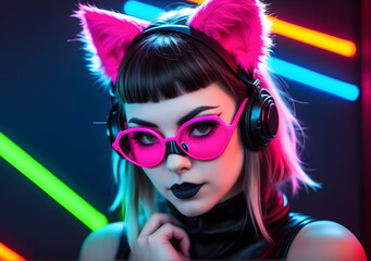 Naklejka na ściany i meble Cyberpunk neon pink catgirl. Fetish fashion. Furry cat woman ears and glasses. AI Generative