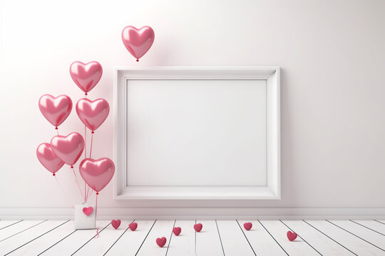 Room with a picture frame and flowers | Empty frame with pink balloons hearts decoration with white wall background | Pink heart frame on wooden background | Valentine card with hearts | Birthday and 