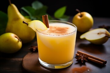 Close-up Image of a Chilled Spiced Pear Drink with Ice Cubes and Cinnamon Sticks
