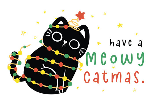 Cute Christmas Black Cat adorned with lights greeting card, Funny and Playful Cartoon Illustration.