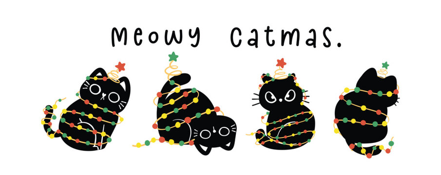 Group of Cute Christmas Black Cats adorned with lights, Meowy Catmas, humor banner and greeting card, Funny and Playful Cartoon Illustration.