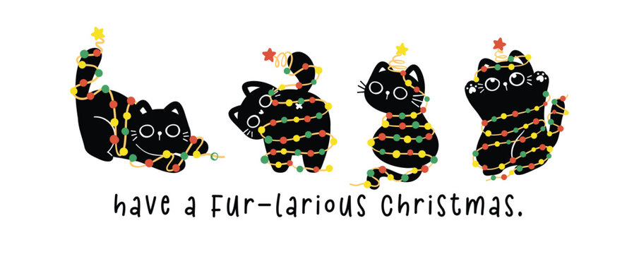 Group of Cute Christmas Black Cats adorned with lights, humor banner and greeting card, Funny and Playful Cartoon Illustration.