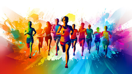 Marathon running race, people silhouettes on colorful background. - Powered by Adobe