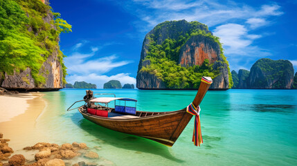 Longtail boat on the beach in Thailand.
