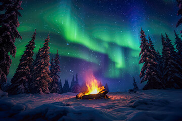 Aurora borealis, northern lights over bonfire in winter forest.