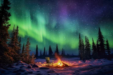  Aurora borealis, northern lights over bonfire in winter forest. © Formoney