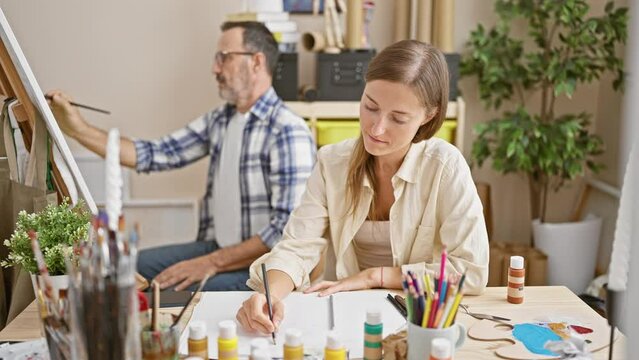 Two focused artists, a woman and man, drawing on canvas and paper, unleashing creativity at their indoor art studio class