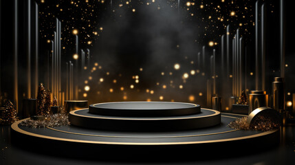Luxury Black podium against sparkle lighting on dark elegant background. Design for discount, sale marketing concept, ads or product presentation, social media banner, flyer, brochure. Generative AI