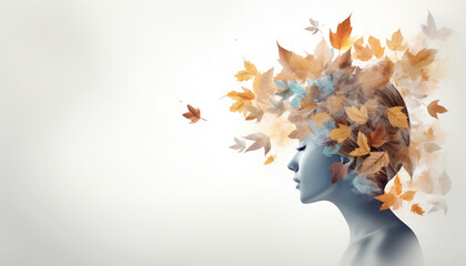 Autumn leaves blowing from a girl's head dementia concept art in white background | Woman with autumn leave hair | Dementia patient | Dementia recovery girl | Mental health concept | Dementia concept 