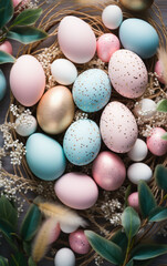 Fototapeta na wymiar Assorted Easter eggs with metallic accents in a nest surrounded by spring flora