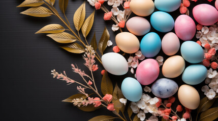 Pastel Easter eggs arranged artistically with botanical elements on a dark surface.