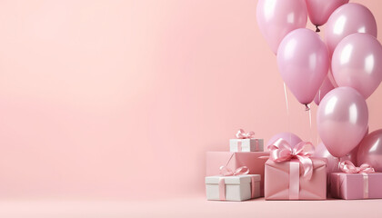 Gift boxes with balloons | Various shape and soft pink colored flying group of balloons on plain studio pink background | Pink balloons on a pink background | Birthday  lovers day celebration balloons