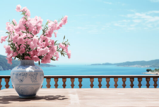 Wooden terrace with flowers in a vase overlooking a sea view.