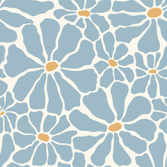Groovy daisy flowers seamless vector pattern. Floral background in 1970s Hippie retro style. Flower Power.